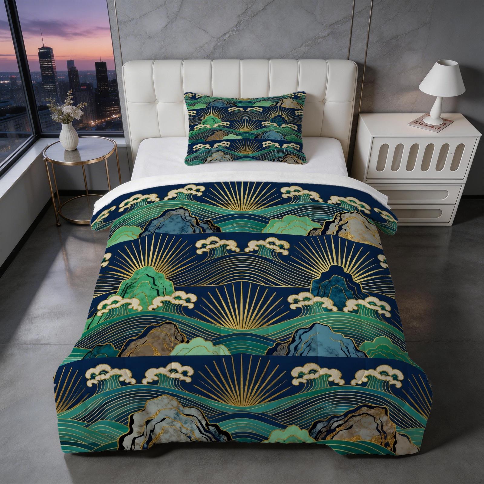 2/3 Piece Japanese Wave Sun Comforter Set | Gold Foil Great Wave HD Print Bedding Set | Soft Lightweight U-Quilted Quilt | For Bedroom Dorm (Pillows Not Included)