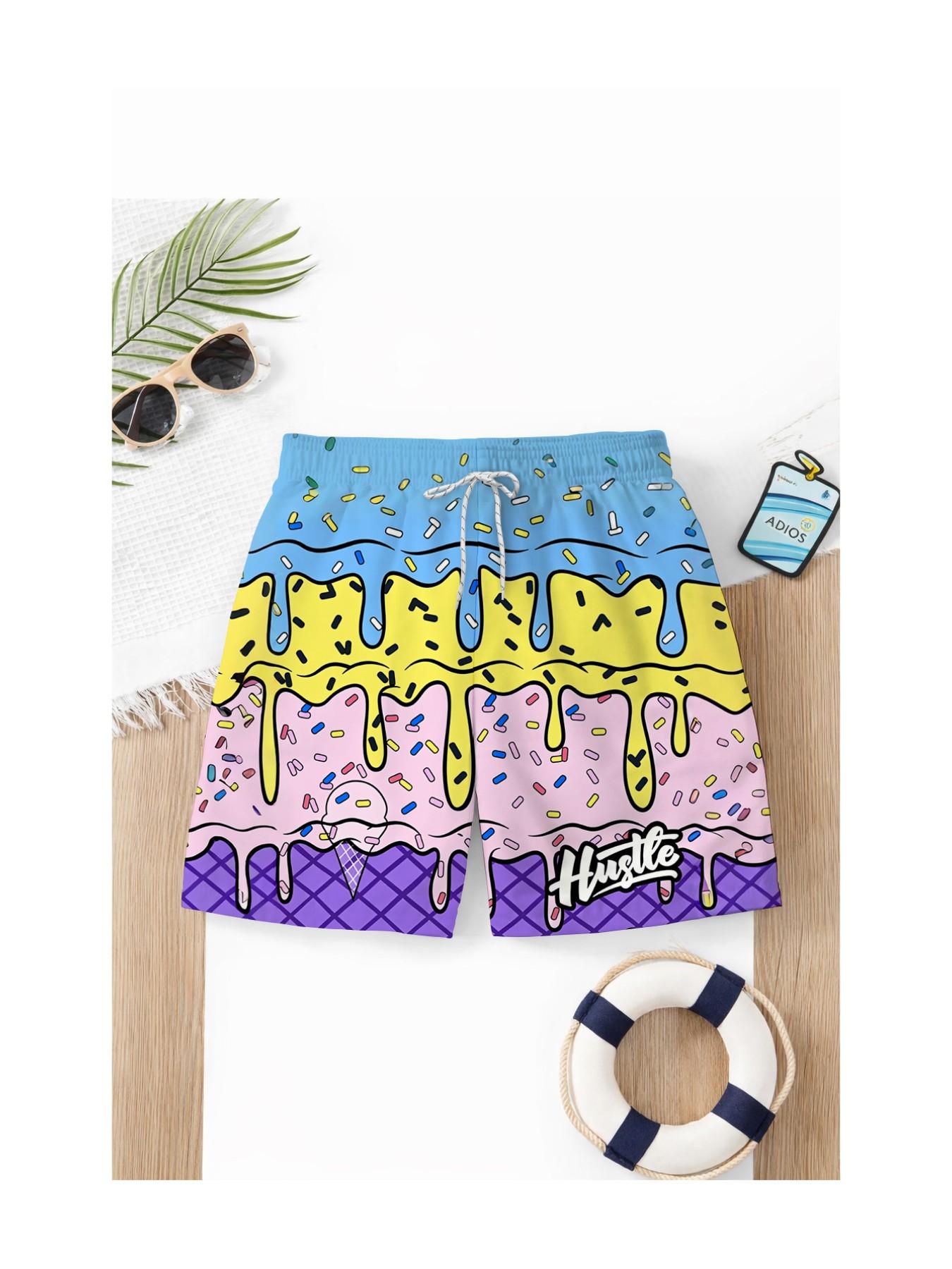 Summer Boys' Ice Cream Melted Candy Print Drawstring Beach Pants, Kids Loose Fun Trendy Swim Shorts, Casual Cartoon Pattern