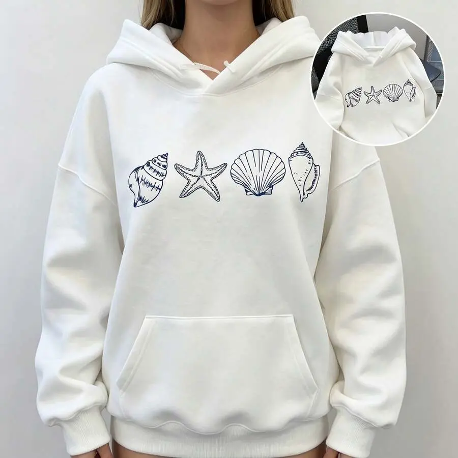 1pcs Ocean's  Seashell And Starfish Shell Pattern Print Hoodie Sweatshirt Women's Plain Weave Pullover With Shoulder Design And Kangaroo Pocket