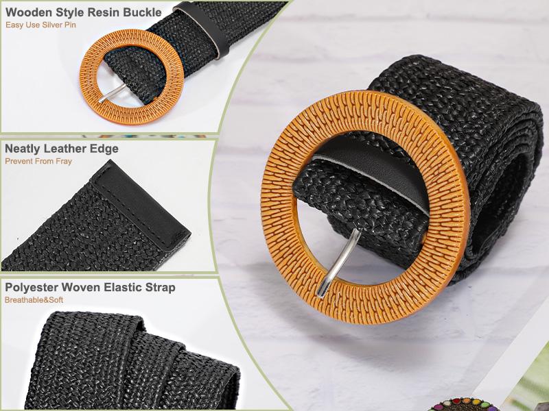 JASGOOD Straw Woven Elastic Stretch Belts Women, Wide Boho Braided Dress Belts with Wooden Style Buckle dealsforyoudays
