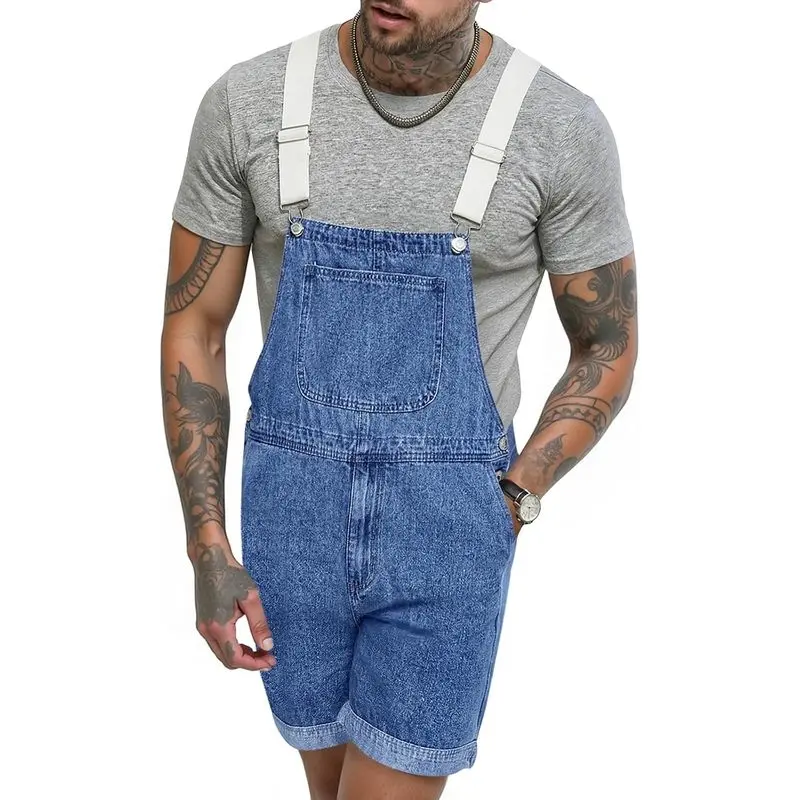 Men Denim Bib Overall Shorts, Adjustable Strap Color‑Block Jean Coveralls, Loose‑Fit Hippie‑Style Cotton‑Blend Casual Summer Jumpsuit For Daily Street‑Wear