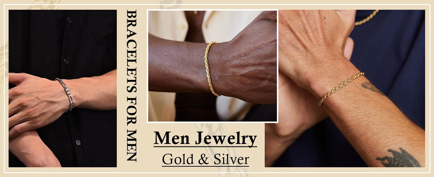 PEALICIOUS Bracelets for Men Jewelry as 2 PCS Silver/Gold Bracelet for Men Chain, 7-10In Stainless Steel Bracelets for Men Fathers Days Gifts for Boys Pulseras Para Hombres Mens Accessories