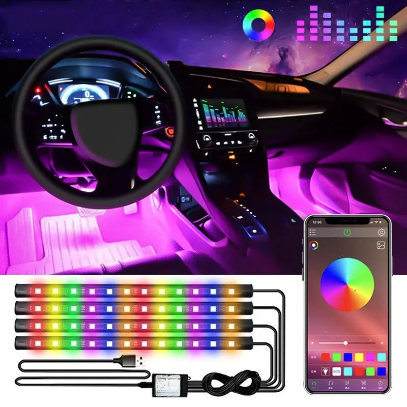4PCS RGB Car Interior LED Lights, App Controlled Footwell Ambient Lighting, Under Dash Car Lights for Cars, SUVs & Trucks