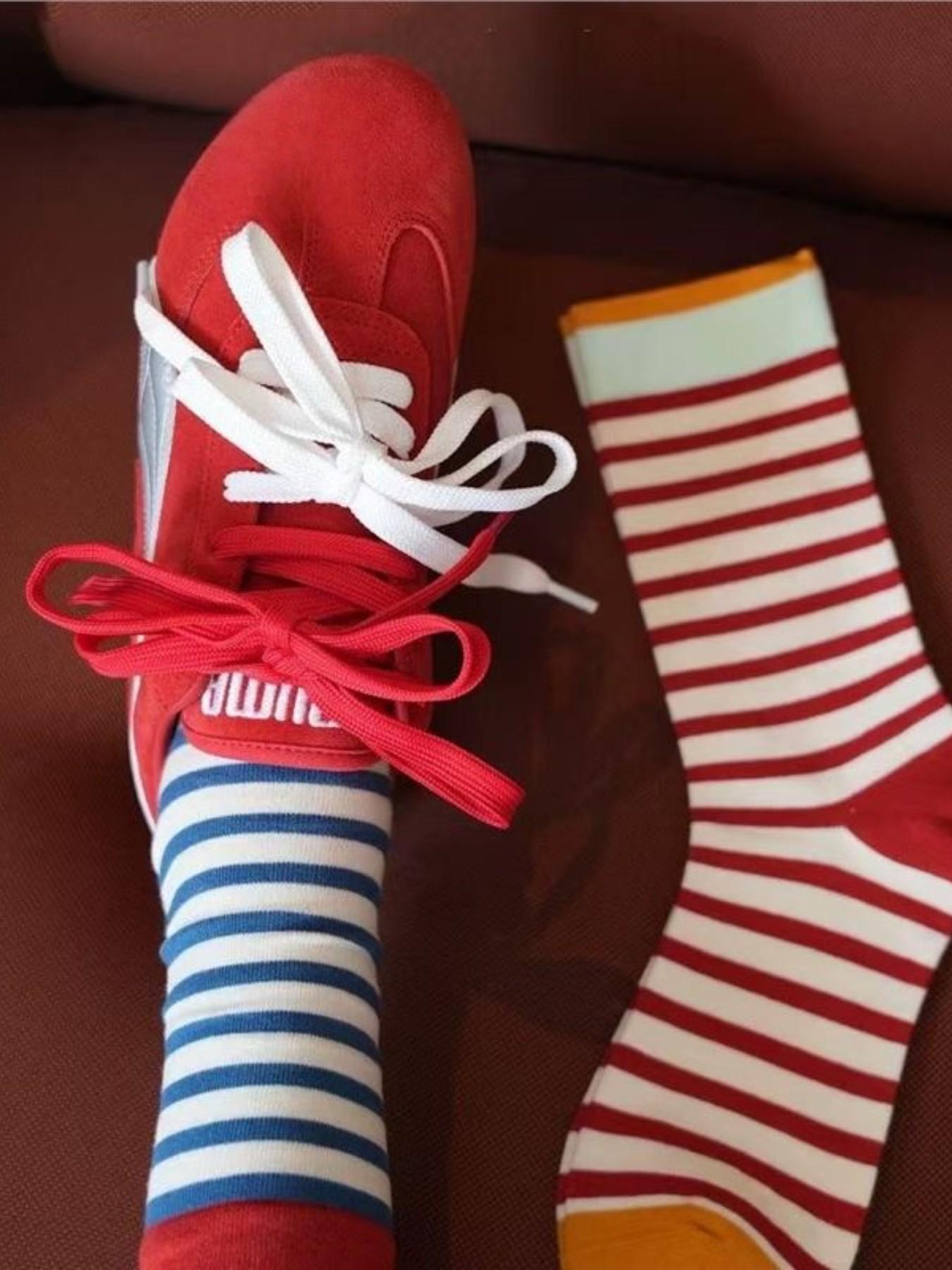 New American Colorblock Mid-Calf Socks, 4 Pairs Versatile Striped Design, Men & Women Fashion Trendy Socks, Stylish Stackable Socks