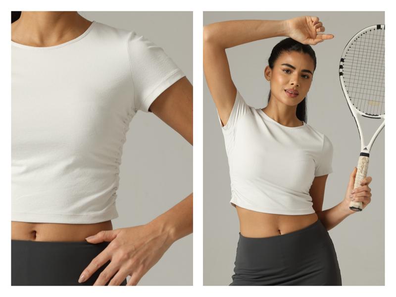 Colorfulkoala Women's Sorona Crew Neck Short Sleeve Tops with Side Ruched Waist Slim Fit Design Workout Shirt