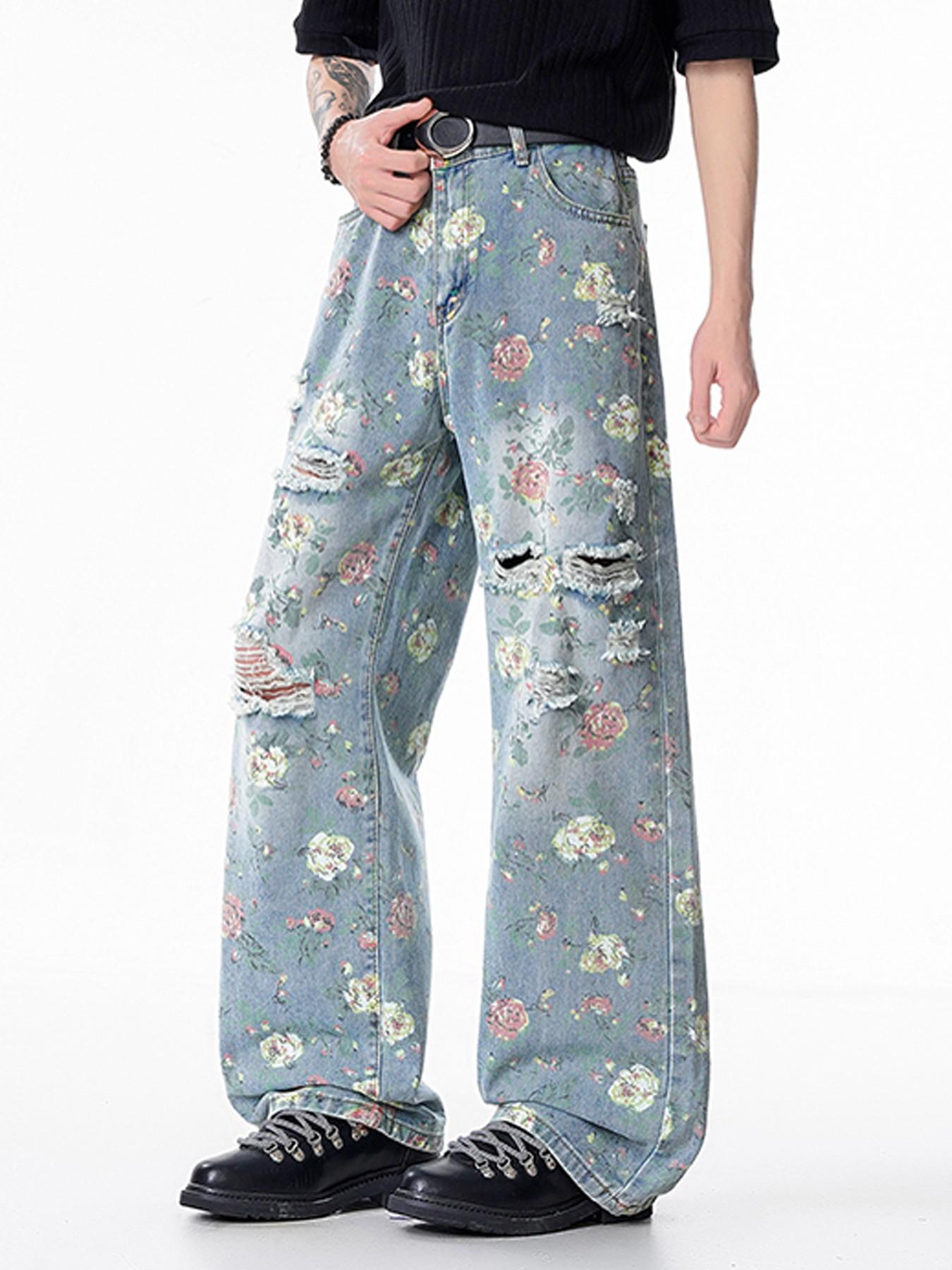 Men’s Light Blue Floral Print Baggy Jeans with Distressed Ripped Details, Wide Leg Y2K Streetwear Denim Pants