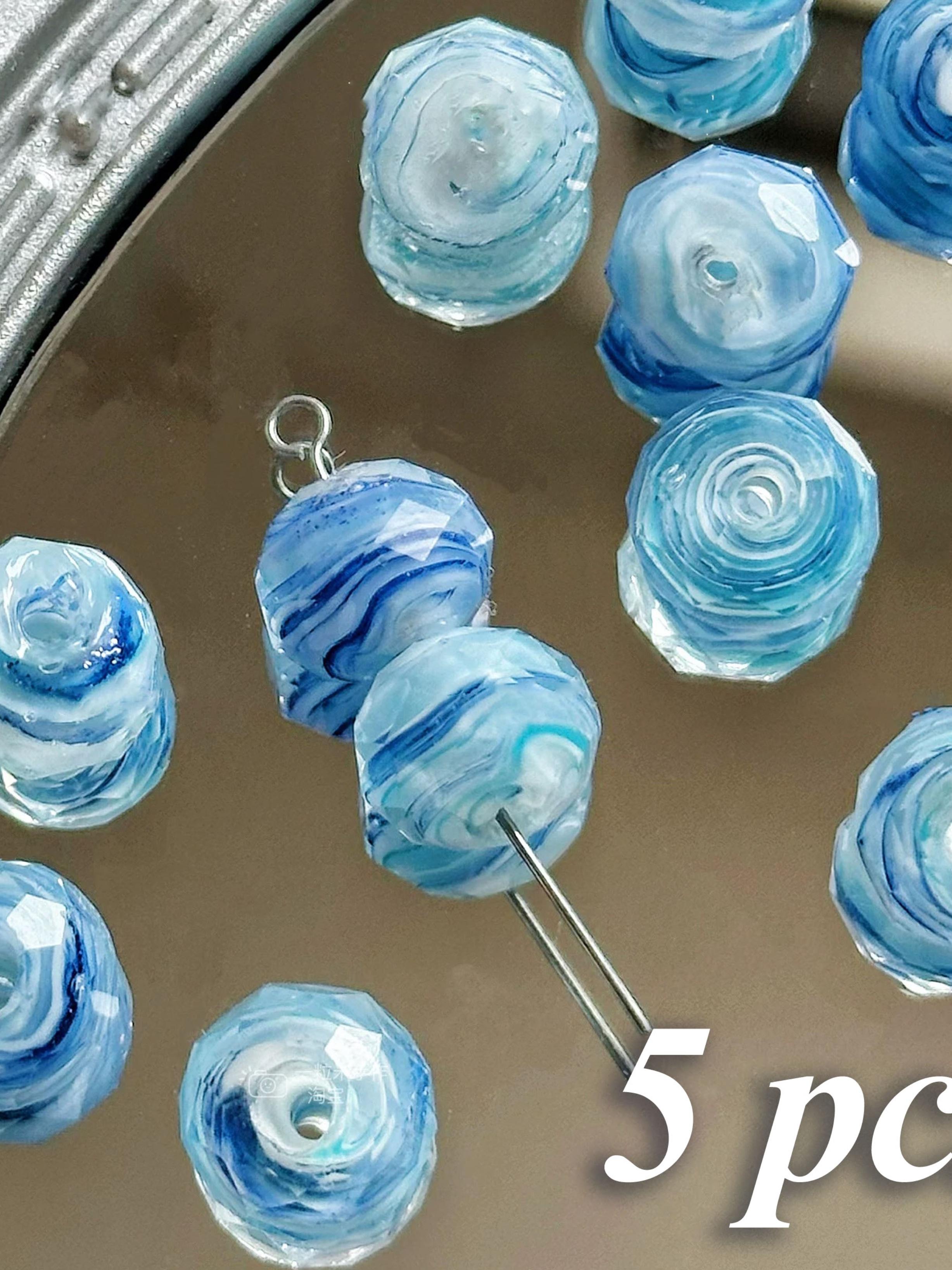 5pcs Blue Oil Painting Style Cut Glass Beads for DIY Jewelry Making, Ditsy Floral Pattern, Contemporary Design for Bracelets & Necklaces