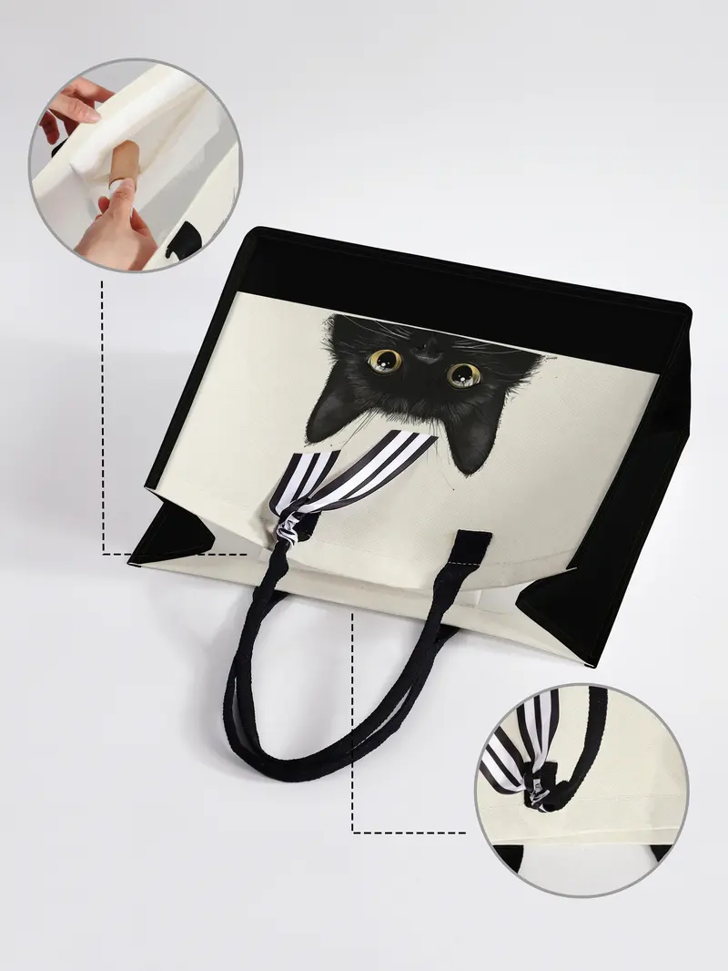 Large Capacity Cat Print Storage Bag, Durable Handle, Space Saving Multi-Purpose, Ideal for School, Travel, Shopping, All Seasons Use Lightweight Tote Bag, Versatile Bag