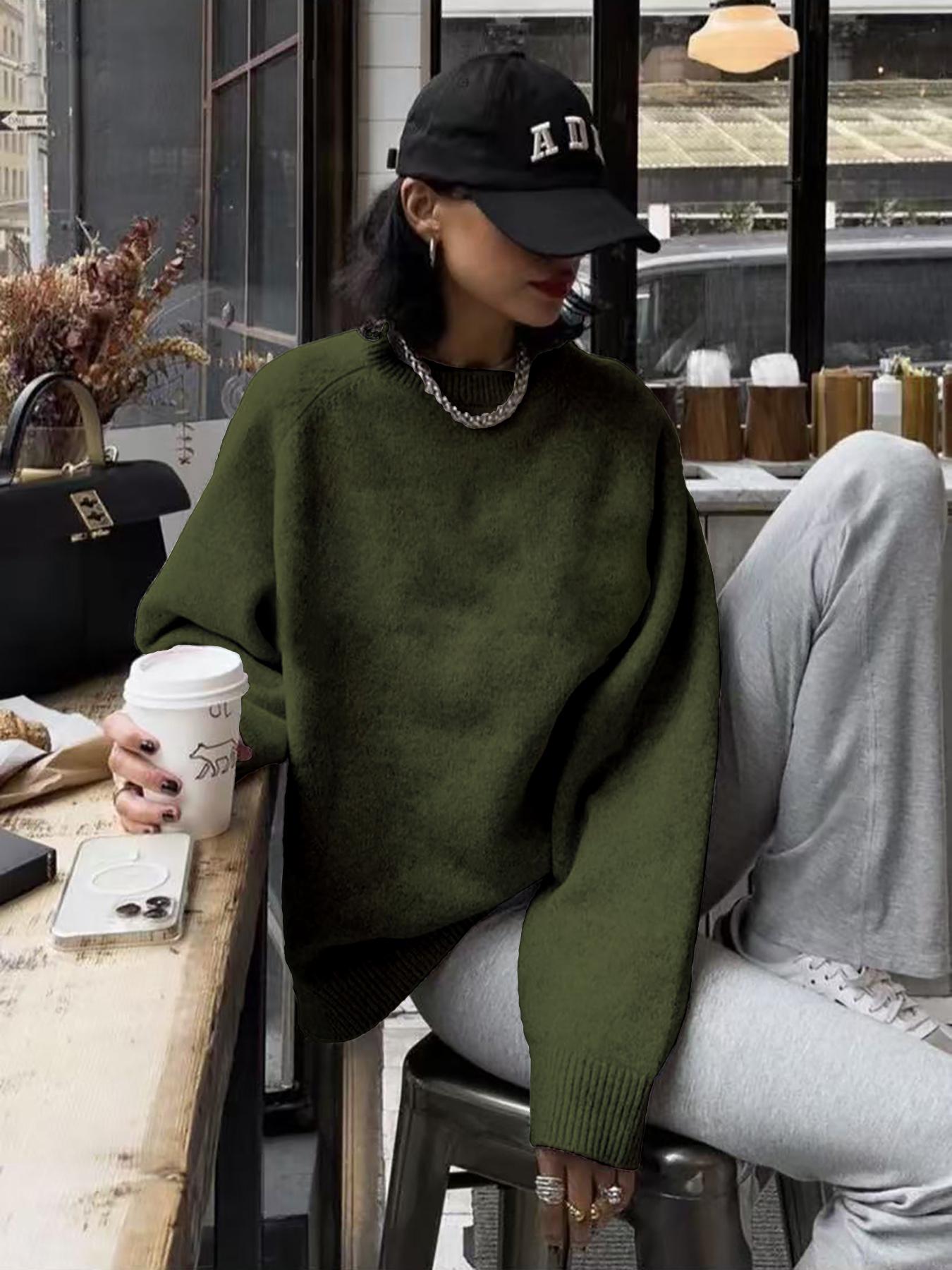 Women's Loose-Fitting Casual Knit Sweater, Soft Round Neck Long Sleeve Pullover, Simple Comfortable Solid Color Fashion Top