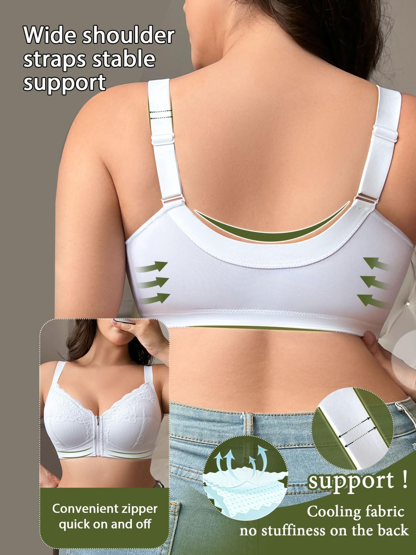 Women's Plus Size Front-Zip Wireless Push-Up Bra - Hidden Zipper, Floral, Elegant, Feminine, Chic, Wide Adjustable Straps, Comfort Breathable, Slim Shaping Silhouette | Valentine's Day Gift, Bridal & Everyday Wear
