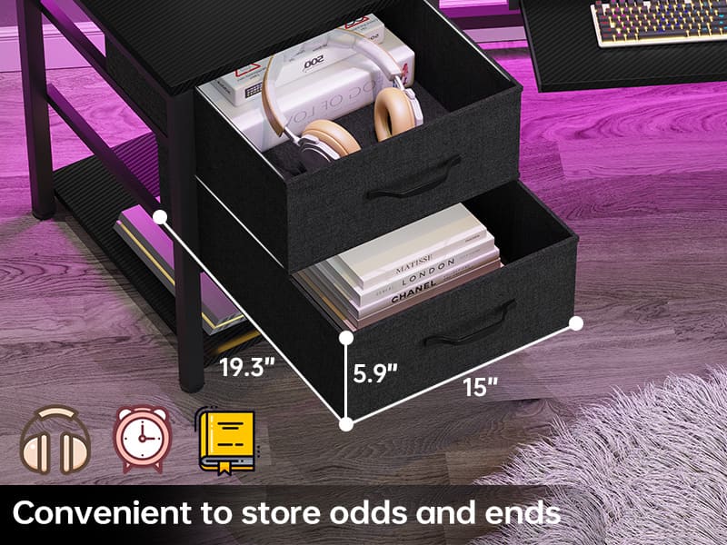 Sikaic 79 Inches Wing Shaped LED Gaming Desk With 2 Fabric Drawers Storage Shelf Stable Tabletop Wood Workstation Monitor Arm Stand Ergonomic Swivel Chair