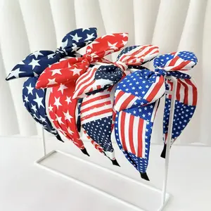 Women's American Flag Bow Headband - Cute USA Star-Stripe Bunny Ear Headbands, Patriotic 4th of July Accessories for Independence Day Party Outfit Decor