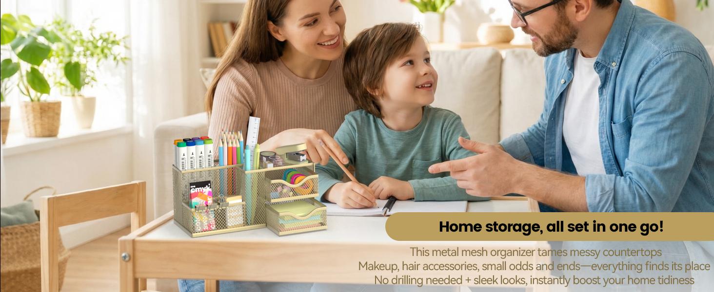 Mesh Desk Organizer, Pen Organizer with 2 Drawers and 5 Compartments, Versatile Pen Holder for Small Space, Desk Organizers and Accessories for School Office Supplies, Gold