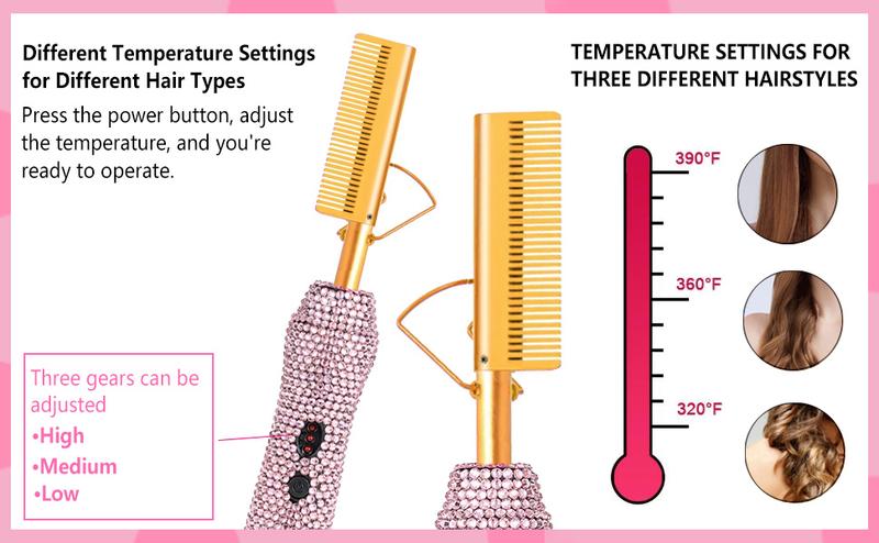 Diamond Hot Comb for Natural Hair and Wigs 450°F Electric Hair Straightener Pressing Comb Anti-Scald Heat Styling
