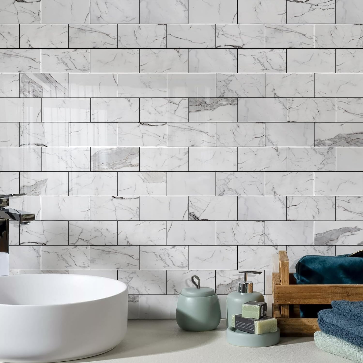 Vamos Tile 100-Piece Glossy Wooden Marble Grain Peel and Stick Backsplash Tile,3''x6'' PVC Subway Tile with White Grout, Stick on Backsplash for Kitchen/Bathroom/Fireplace