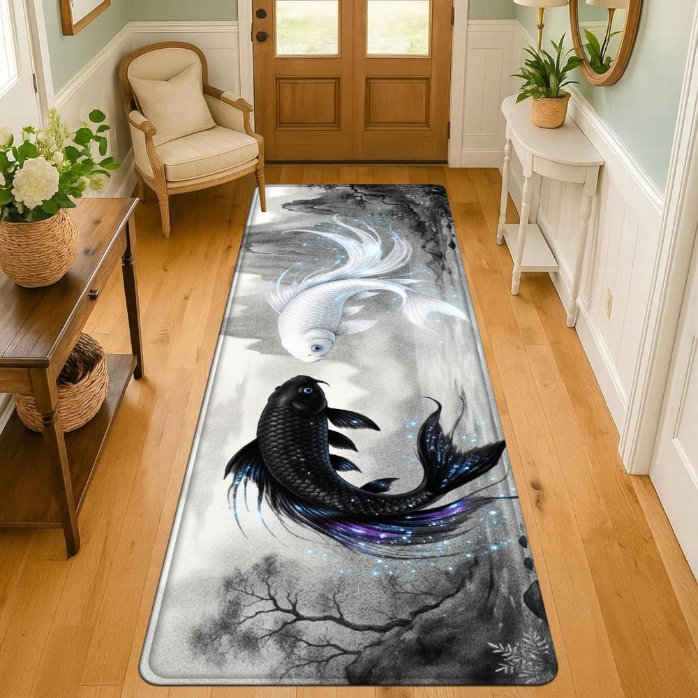 1PC， Black and White Double Fish in Ink - Wash Style Patterned strip rugs, home décor, bathroom mats, entryway mats, bathroom non-slip mats, indoor entrance rugs, bedroom bedside mats, kitchen mats, hallway rugs, flannel sponge rugs, hallway runner rugs