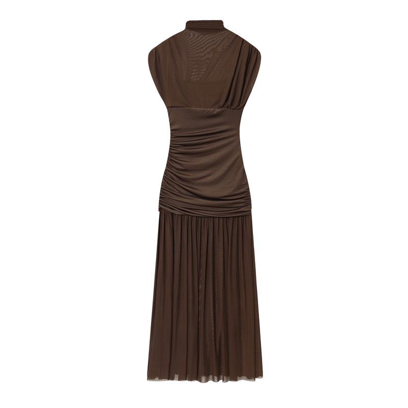 Women's Summer Long Dress Chocolate Brown Mesh Ruched Midi Dress Sleeveless Mock Neck Design Elegant Trendy 2025 new Evening Party Formal Outfit Pleated Hem Women’s Fashion Chiffon Lace Dress