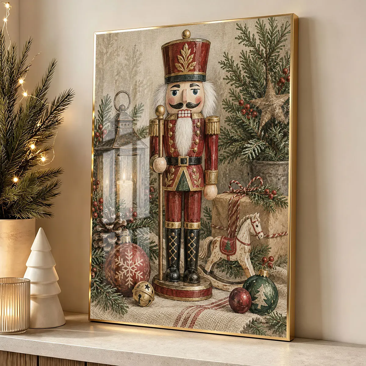 [2D Flat] 1pc Vintage Nutcracker Canvas, Modern Frame, Home Decor For Living Room, Hallway Wall Decor, Luxury Perfect Gift For Christmas And Halloween, Print Artwork.