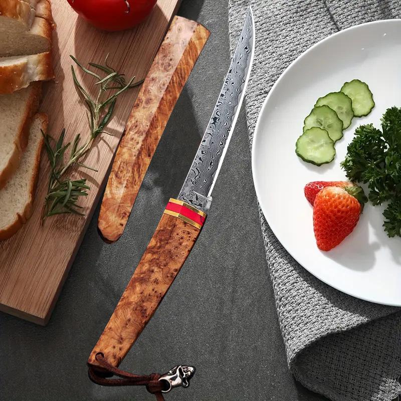 High quality Damascus steel kitchen steak knife with wooden sheath suitable for home kitchen camping barbecue, creative gift for men