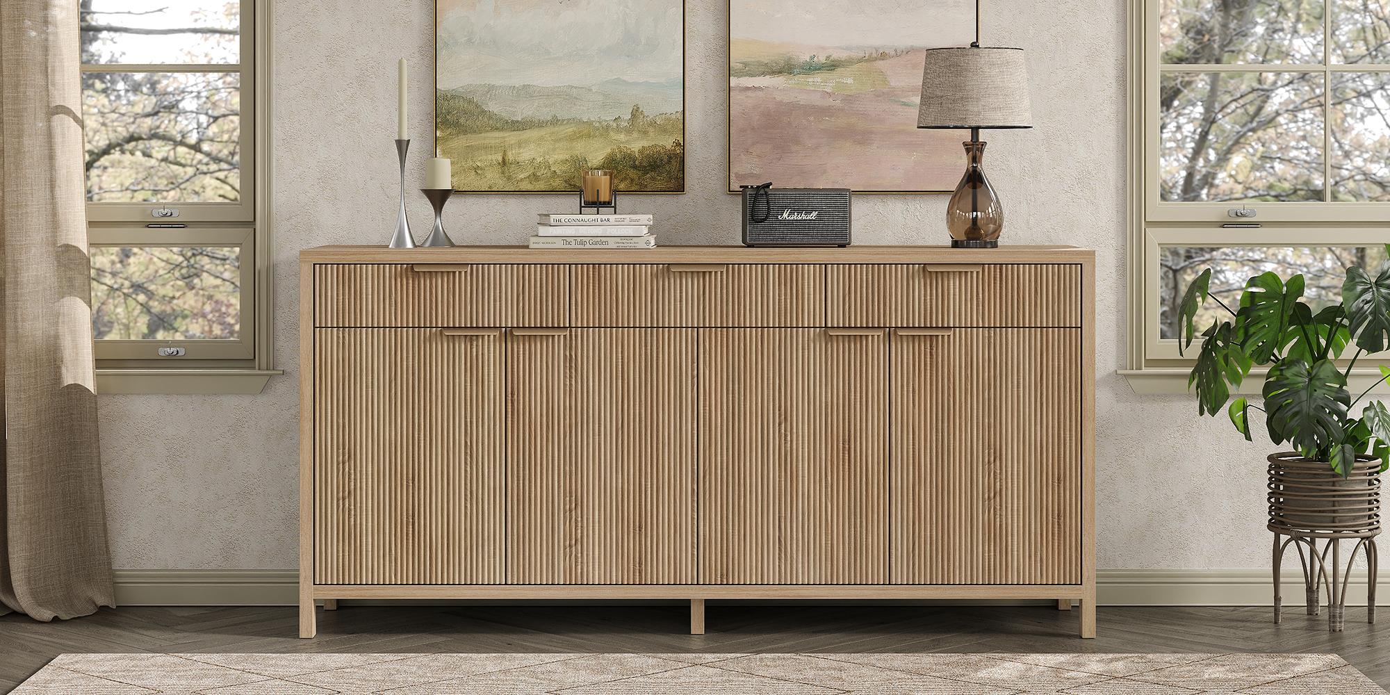 FUSOU 66" W Fluted Buffet Cabinet, Sideboard Storage Cabinet with 3 Drawers & 2 Cabinets, Mid-Century Coffee Bar Table for Living Room, Dinning Room, Natural FUSOU 66" W Fluted Buffet Cabinet, Sideboard Storage Cabinet with 3 Drawers & 2 Cabinets, Mid-Century Coffee Bar Table for Living Room, Dinning Room, Natural