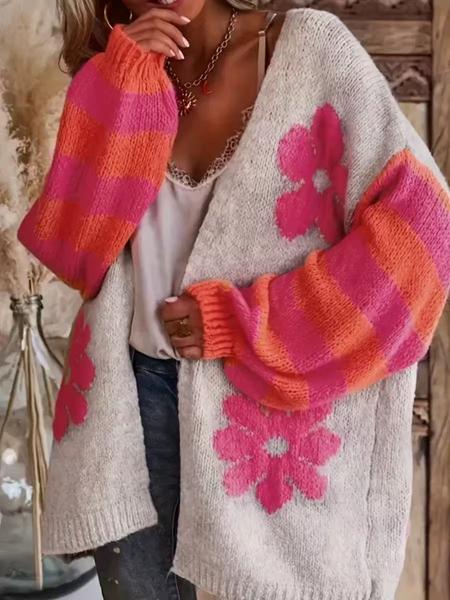 Women's Floral Jacquard Cardigan, Button Front Open-Front Sweater Coat, Casual Fashion Outerwear for Spring & Fall Seasons, Lightweight Knit Sweater