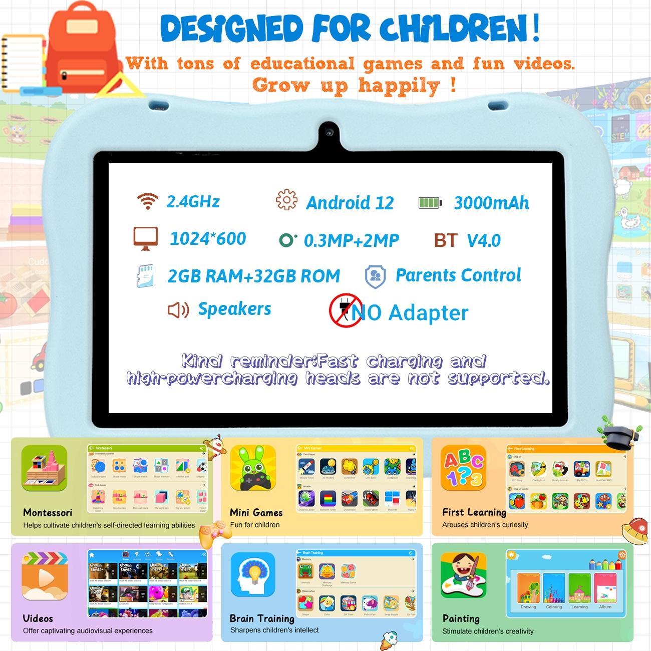7-inch tablet | IWAWA learning application | Secure internet parental control | Sensitive touch screen+learning anti fall shell (blue/pink | no adapter) holiday gift, children have fun, parents feel more at ease