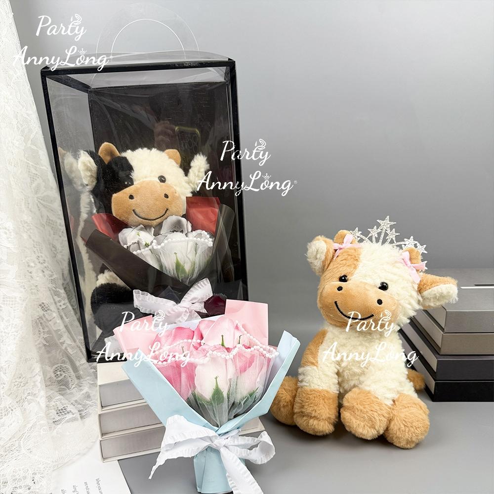Dairy Cow Plush Toy with Artificial Rose Bouquet, 1 Set Cute Cow Design Plush Toy, Adorable Stuffed Bouquet, Home Decor Ornament, Gift for Your Love, LGBTQ Gift, Christmas & Halloween Gifts, Soft Cuddly Gift, Soft Stuffed Animal