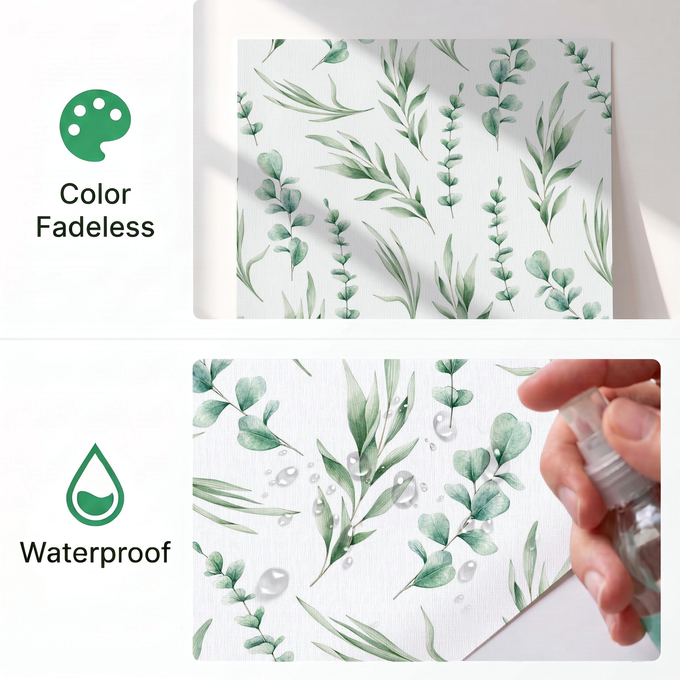 1 Roll Eucalyptus Green Leaves Peel and Stick Wallpaper 44.5cm/17.5in Wide, Waterproof Removable Color Fadeless Vinyl for Bathroom Living Room Decor, Length Options: 1m/2m/3m/5m/10m