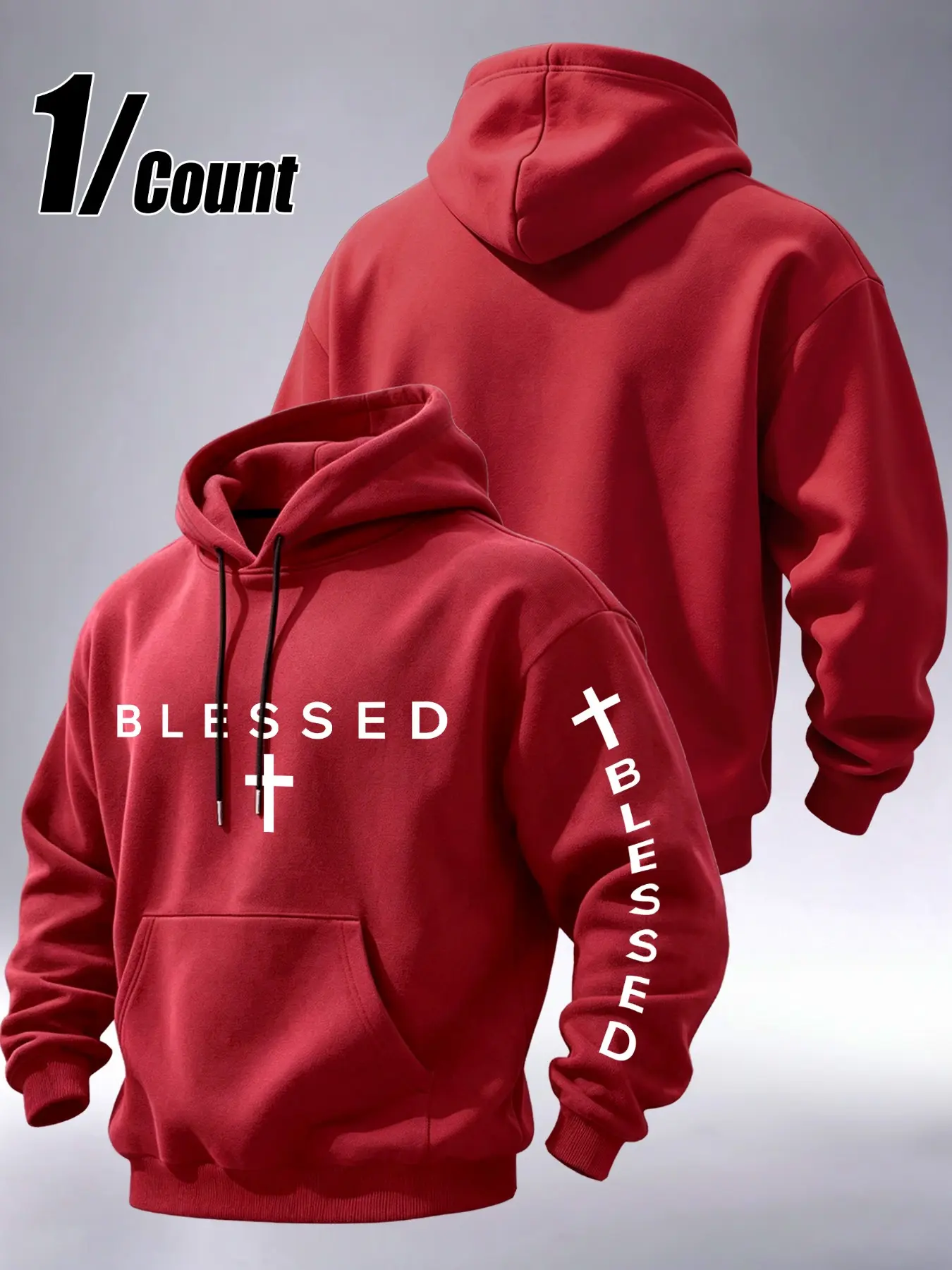 Men’s Pullover Hoodie, Blessed Cross Graphic Printed On Chest And Sleeve, Kangaroo Pocket Drawstring Hooded Sweatshirt, Faith Inspired Streetwear For Everyday Wear #FaithFashion #CrossHoodie #MensStreetStyle #ChristianClothing