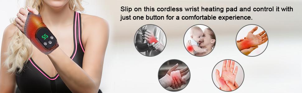 Rechargeable Cordless Wrist Heating Pad - Adjustable 5 Heat Levels & 3 Vibration Modes, Fits Left & Right Hands for Work, Travel, Exercise