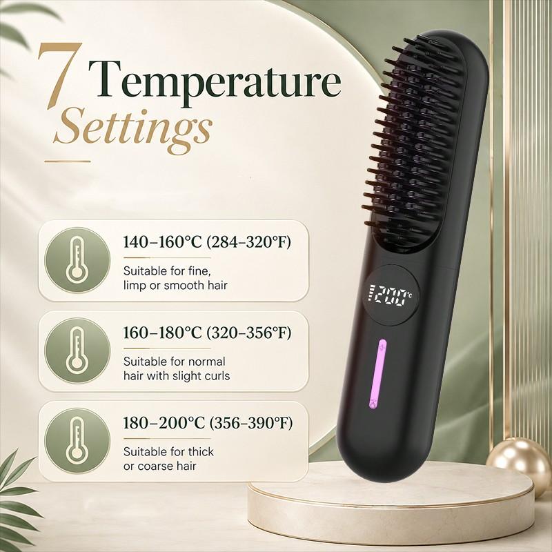 Cordless Hair Straightener Brush, Portable Rechargeable Heated Styling Brush with 7 Temperature Settings, USB-C Hair Smoother for Fine to Medium Hair, Travel Hair Styling Tool