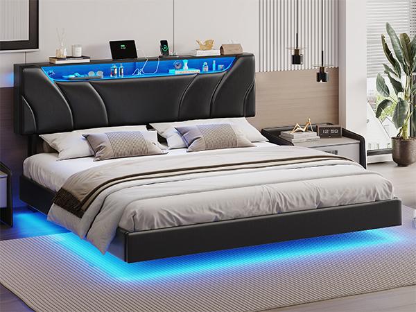 Hasuit Queen Floating Bed Frame with Storage Headboard and LED Lights Queen Size Visual Floating LED Bed Frame with Type-C & USB Port Upholstered Platform Bed with Storage,No Box Spring Needed