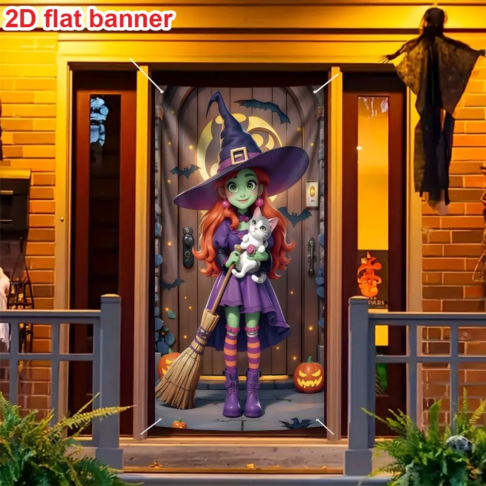 Halloween Door Banner, 2D Canvas Banner, 90x180cm Polyester, Cute Cartoon Style, Witch and Cat Design, Multi-Functional, Party Backdrop Decoration, Home Decor