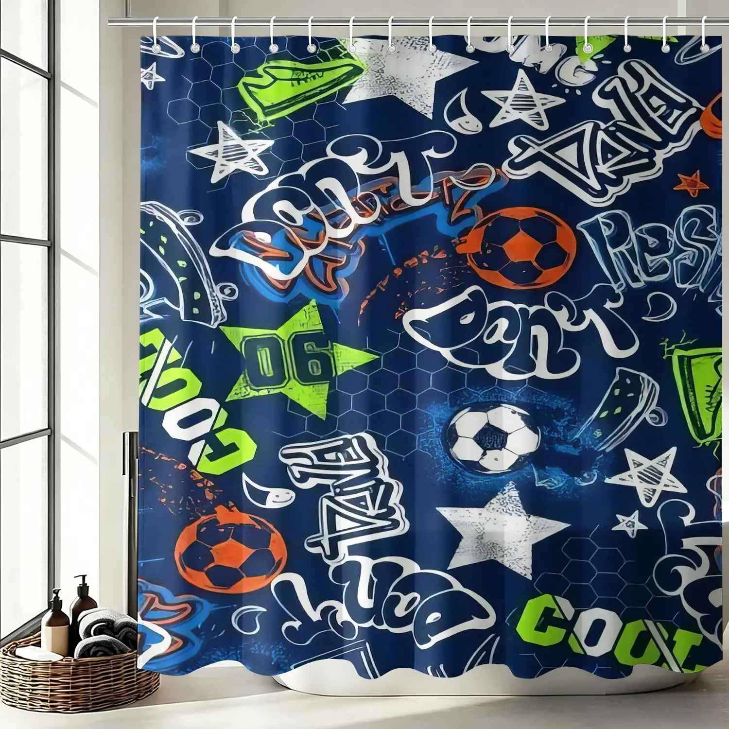 Cool Teen Soccer Graffiti Shower Curtain, Sport Football Star Sneaker Bath Curtain, Waterproof Bathroom Curtain, Multi‑Use Room Separator Curtain With Hooks For Guest House & Beach House