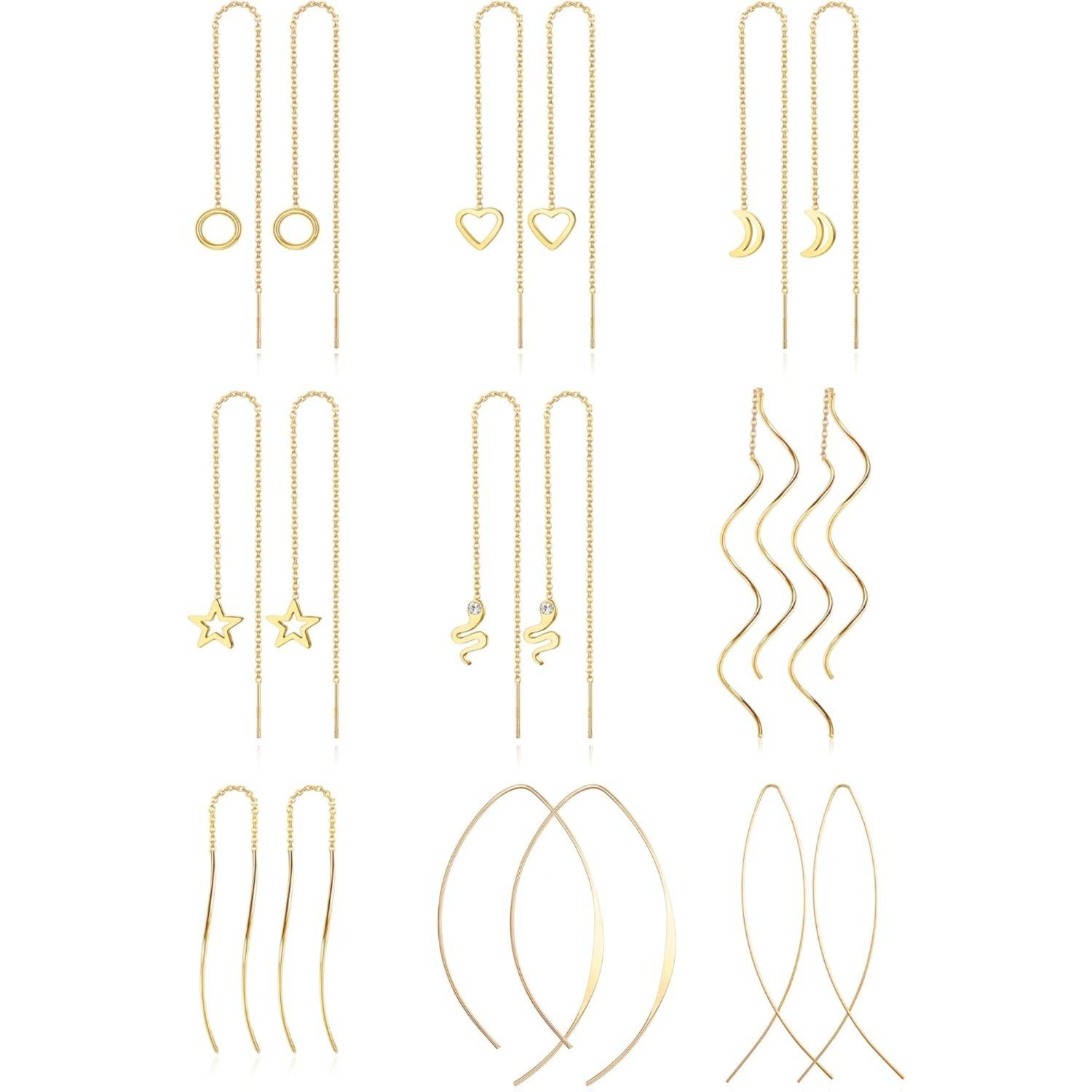 9 Pairs Threader Earrings for Women Pull Through Earrings Long Tassel Chain Earrings Weird Heart Dangle Drop Chain Earrings Set