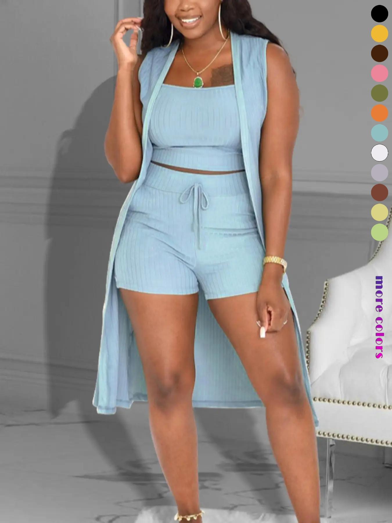 Women's Solid Ribbed Crop Tank Top & Drawstring Waist Shorts & Open Front Sleeveless Outerwear Three-Piece Set, Casual Fashion Cozy Three Piece Outfits for Daily Outdoor Wear, Casual Matching Set, Women Clothes for Summer