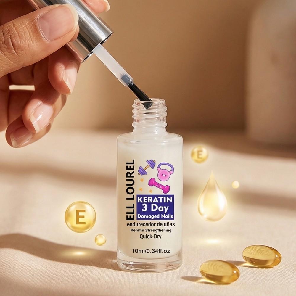 ELL LOUREL Keratin 3 Day Damaged Nails Strengthener, 10ml Quick-Dry Keratin Infused Nail Hardener & Nourishment Treatment for Weak, Brittle & Damaged Nails, Promotes 3-Day Effective Nail Strengthening, Prevents Breakage & Damage and Peeling Nails