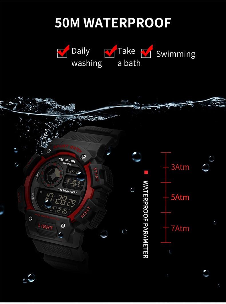 Sanda Fashion Waterproof Digital Watch for Youth, Dual Time, Stopwatch, Alarm, Luminous, Week Date, 12/24h, Casual Style, All Seasons