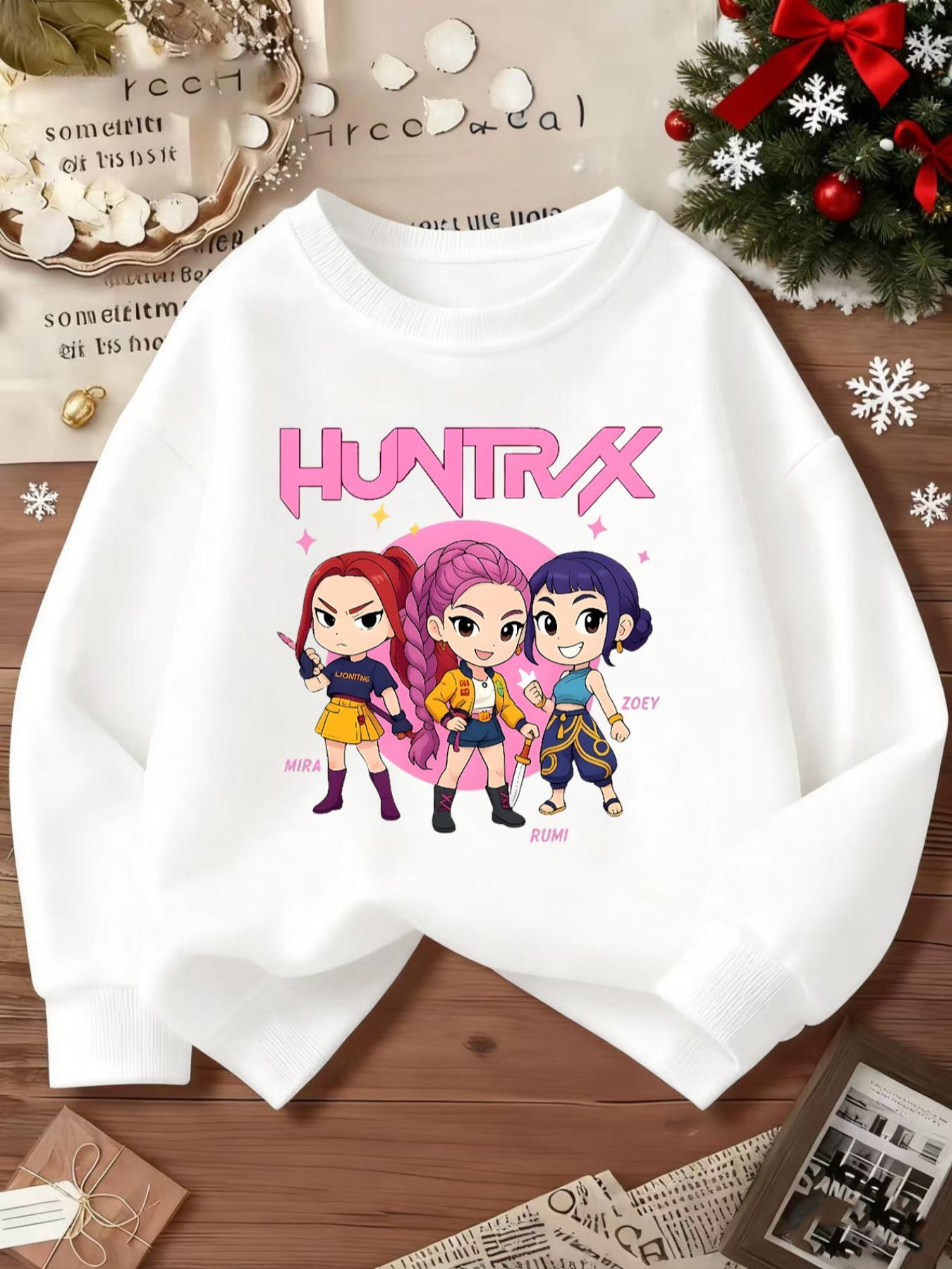 Kpop Anime Cartoon Print Elastic Fabric Girls' Casual Fitted Cute Sweatshirt, Youth Sports Wear for Outdoor & Indoor Activities