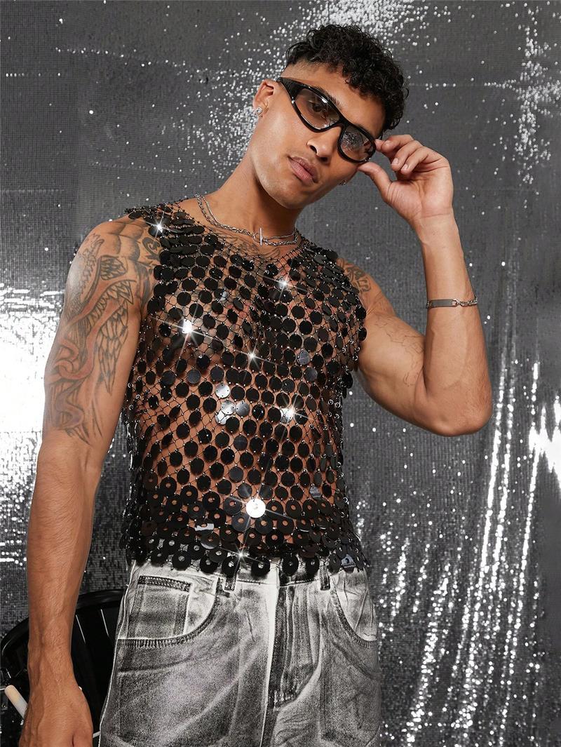 Mens Sparkly Mesh Tank Top Rhinestone See Through Clubwear Sexy Hollow Out Party Outfit Festival Stage Fashion Statement