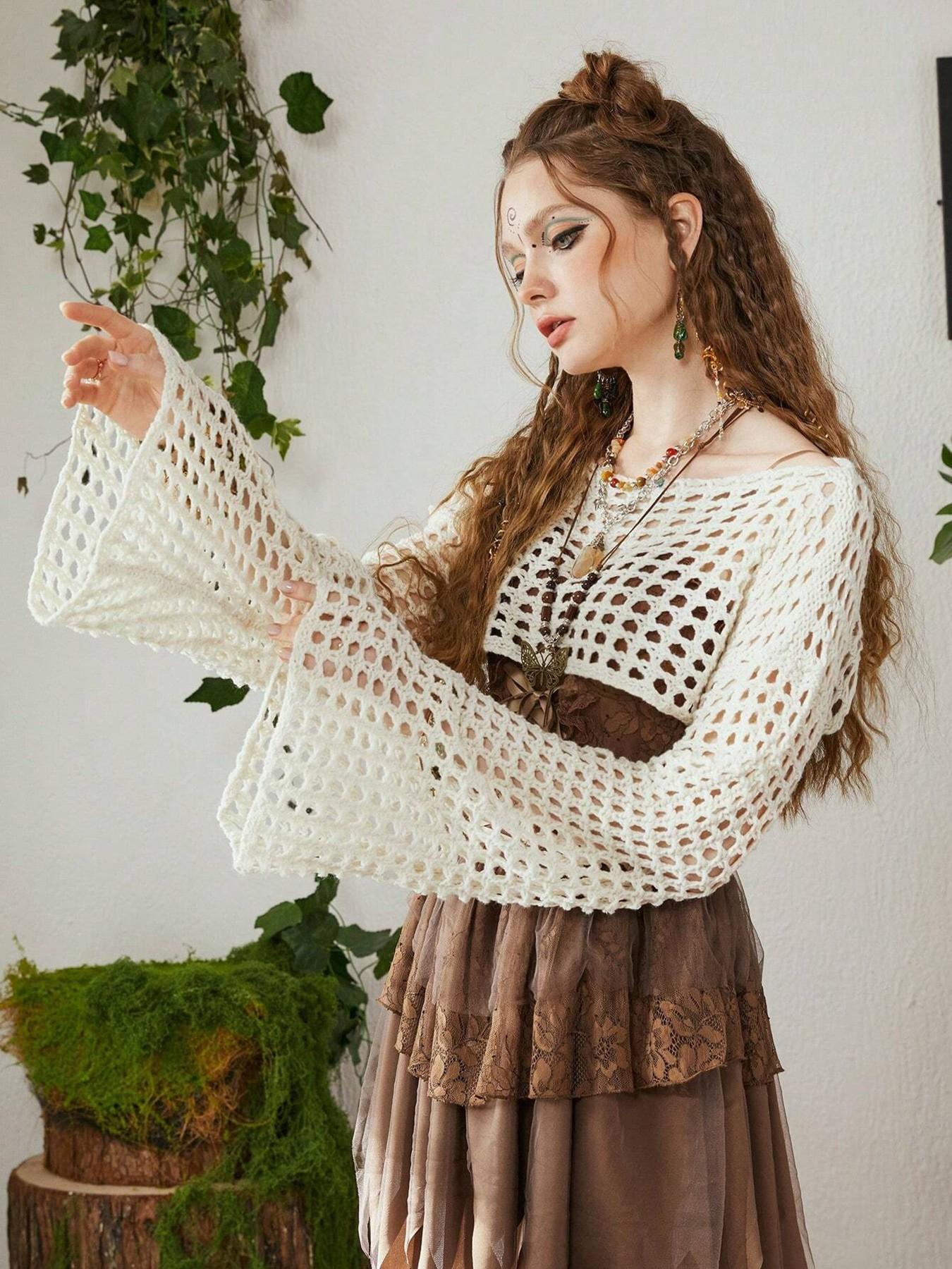 Summer Women's Hollow Knit Cropped Pullover Knitwear, Unique Street Style Long Sleeve Sun Protection Top, Elegant and Loose Casual Design