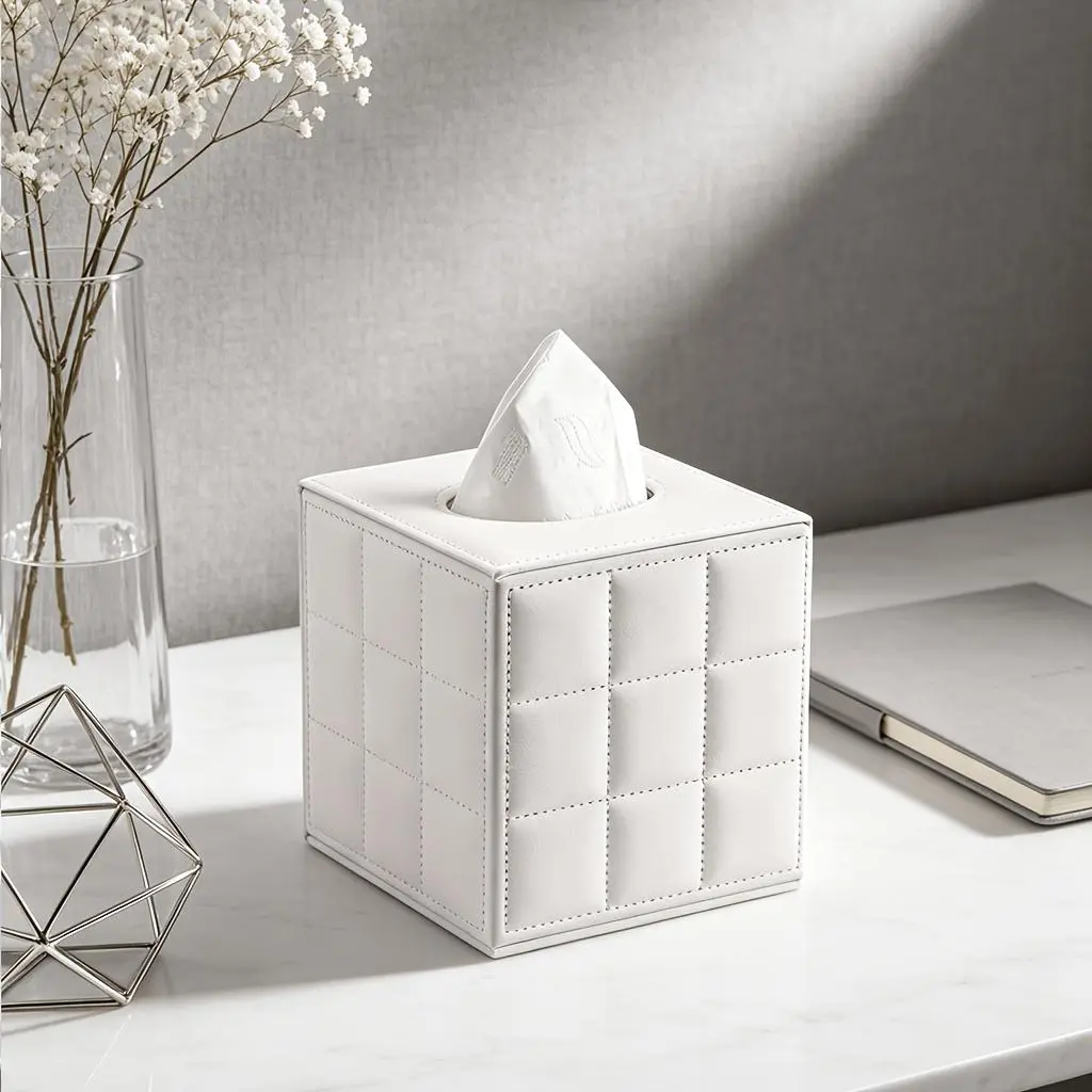 GORESE Cream Faux Leather-Checkered Compact Cube Tissue Box, Premium Easy-Use Napkin Holder for Home Living Room Coffee Table Desktop, Hotel Office Bathroom Supplies