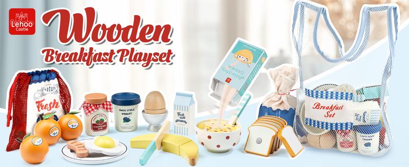 Play Food Sets for Kitchen, Wooden Toys for Gifts, Pretend Play, Wooden breakfast toys，Cutting food toys，Toy food educational gifts，Accessories with breakfast