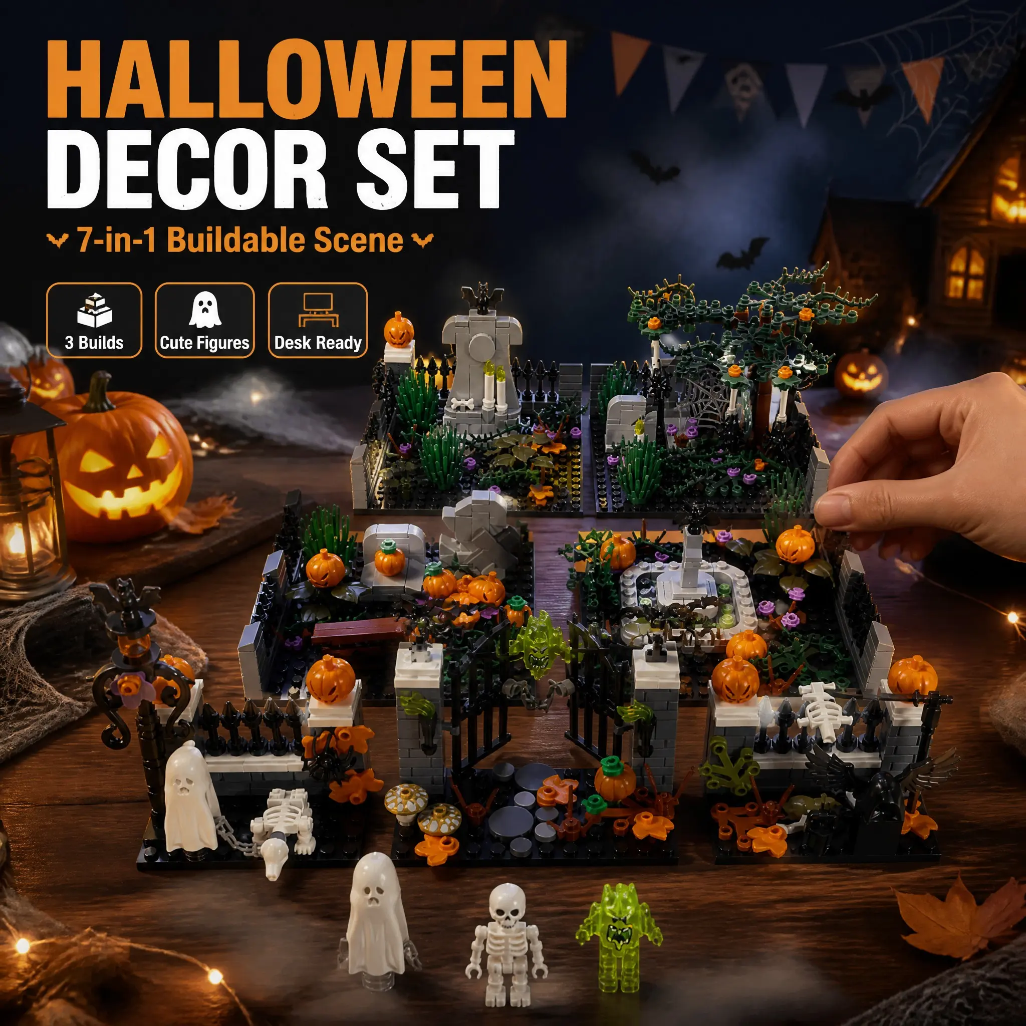Seven-In-One Halloween Scene Building Set, Creative Building Blocks, Puzzle Blocks Ghost Pumpkin Skull Figures, Small Pieces Assembly Decor, Birthday Party Gift