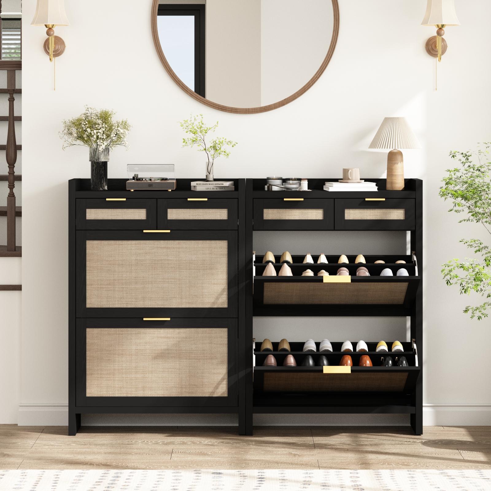 PieDle Furniture Boho-Chic Rattan Shoe Storage with Drawers for Home Entries