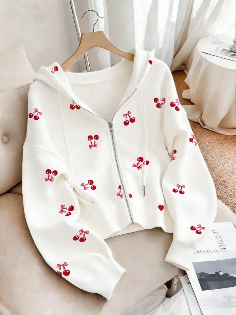 Oversized Cherry Print Zip-Up Hoodies for Women | Soft Fleece Long Sleeve Casual Hooded Sweatshirts | Loose Fit Daily Streetwear | Single Piece | White & Red Cherry Pattern Style | Graphic Hoodies