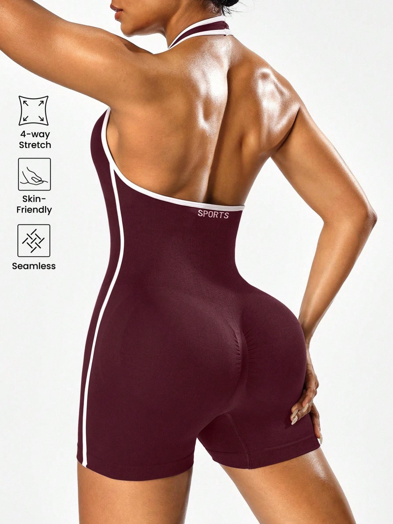 Women's Sporty Jumpsuit Shorts, Backless Hollow Design, Sexy Breathable Shorts, Perfect for Gym Outdoor Sports, Daily Wear, Sports Jumpsuits