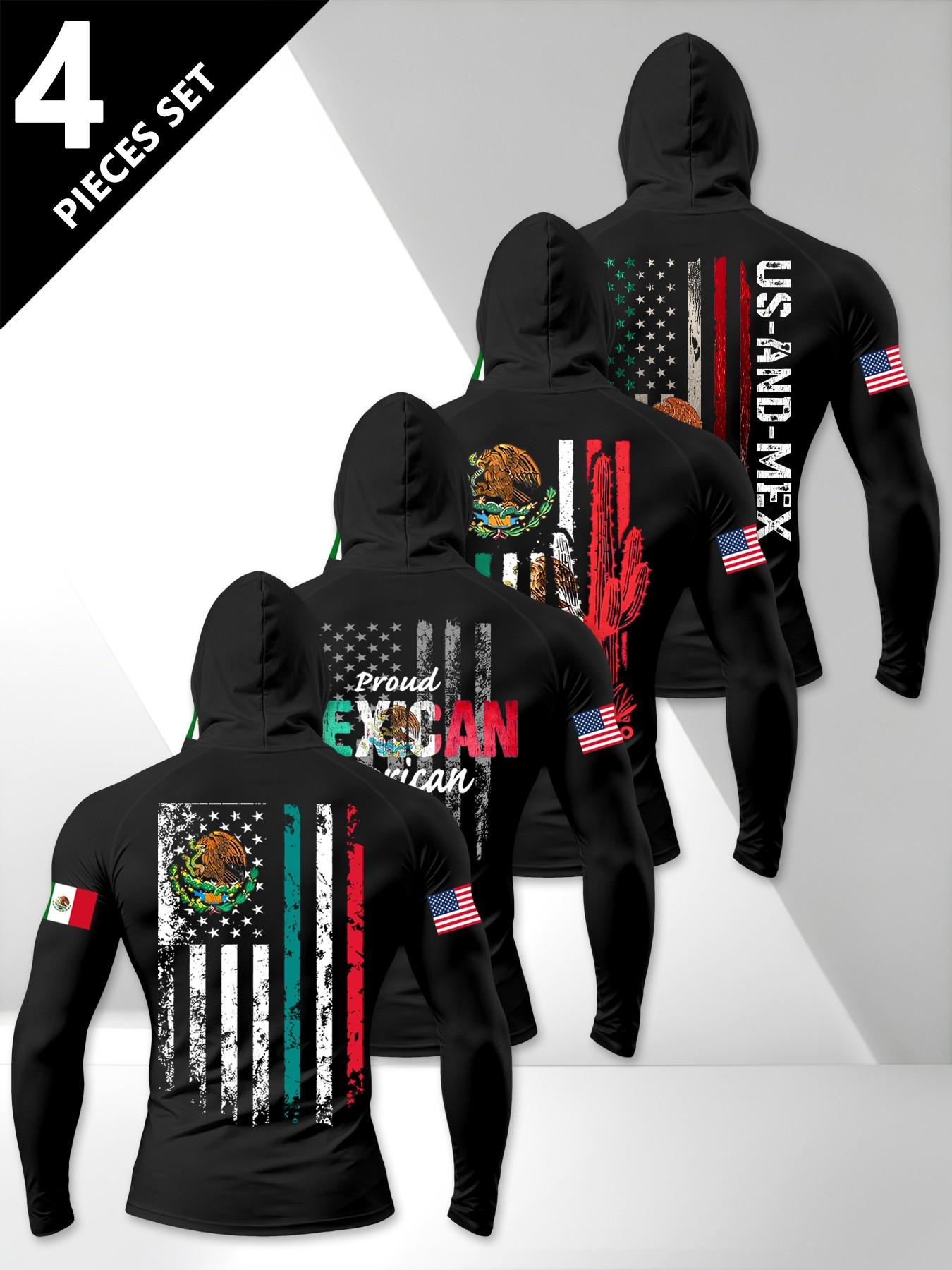 Us & Mex Flag Print Hooded Long Sleeve T-Shirt, Men's Daily Fitness 4-Pack, Vintage Design Muscle Sport Top