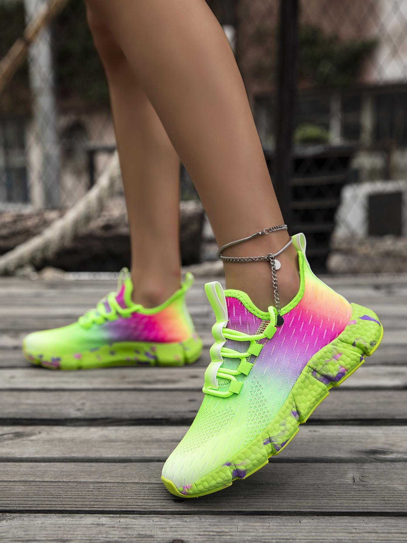 Women's Fluorescent Gradient Mesh Running Shoes, Breathable Flyknit Sneakers, Soft Sole, All-Season Fashion Footwear