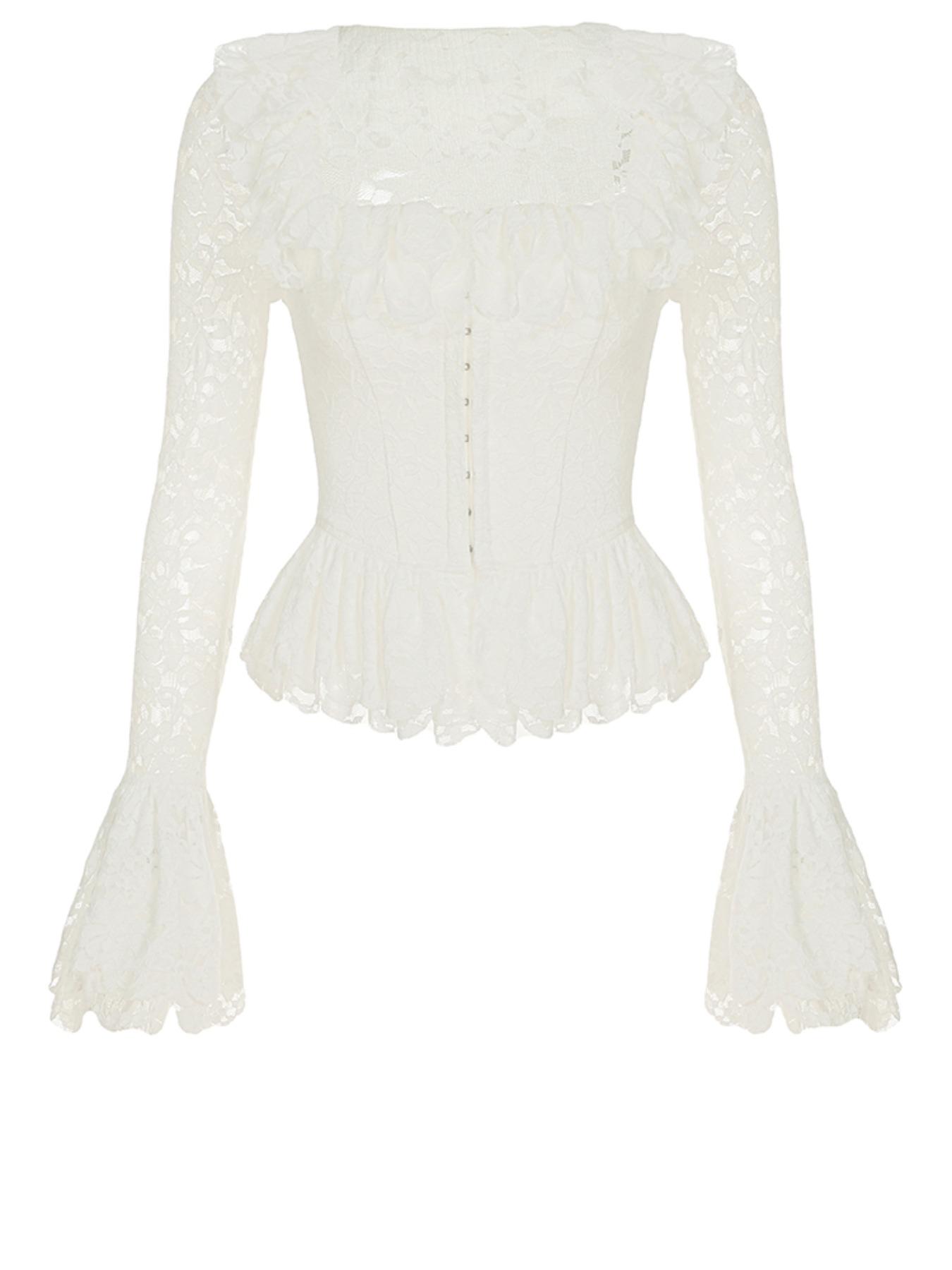 Women's Plain Lace Long Sleeve Top, Elegant Romantic Square Neck Top for Spring, Ladies Clothes for Daily Wear